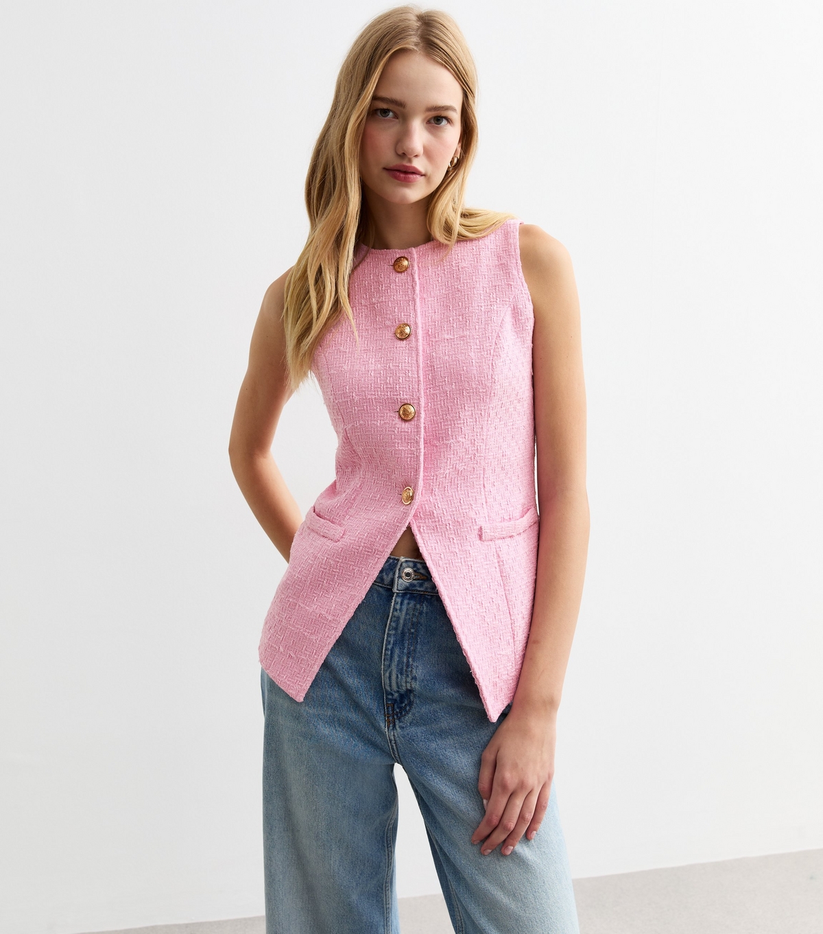 Women's Pink Button Up Bouclè Waistcoat New Look