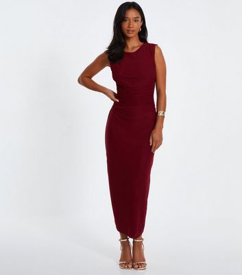 QUIZ Petite Dark Red Ruched Bodycon Dress New Look