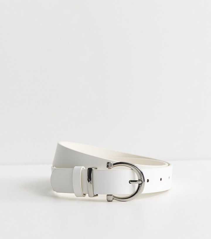 White Faux Leather Buckled Belt