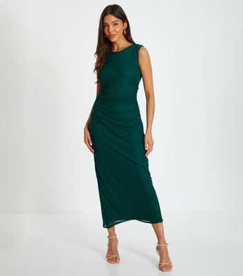 QUIZ Green Ruched Mesh Midi Dress