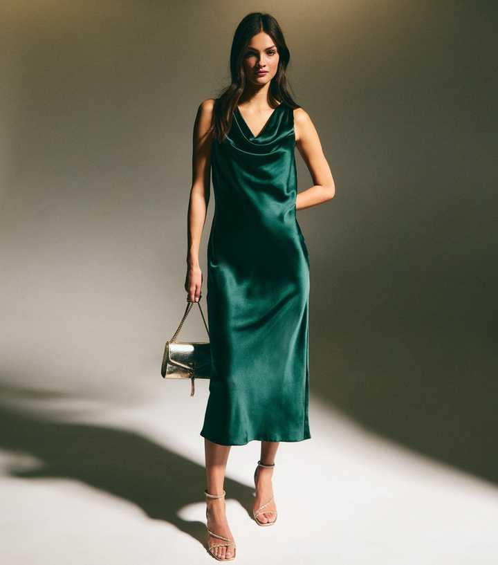Green Cowl Neck Satin Midi Dress | New Look