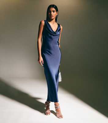 Navy Cowl Neck Satin Midi Dress