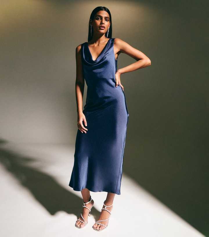 navy blue satin cowl neck dress Navy Cowl Neck Satin Midi Dress