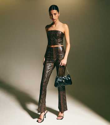 Brown Snakeskin Effect Faux Leather Trousers