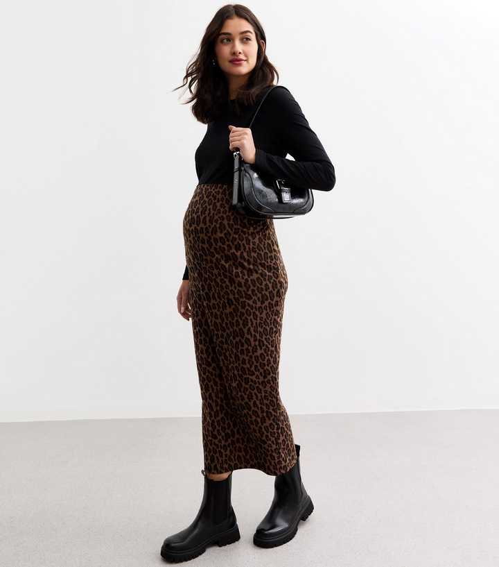 Maternity Brown Leopard Jacquard Midi Skirt