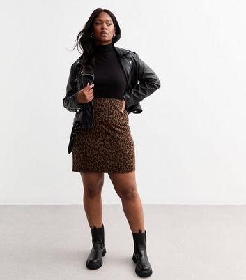 Curves Brown Leopard Print Jacquard Mini Skirt New Look