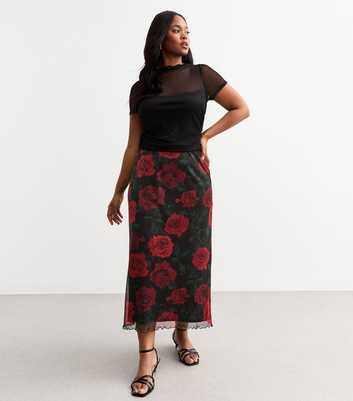 Curves Red Rose Print Mesh Midi Skirt