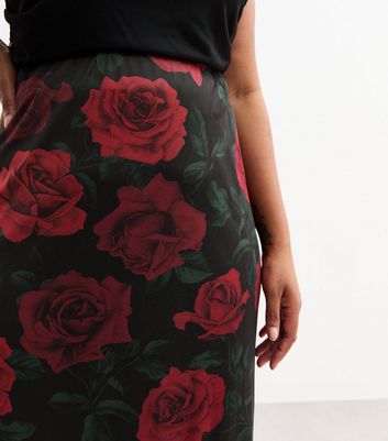 Curves Red Rose Print Mesh Midi Skirt New Look