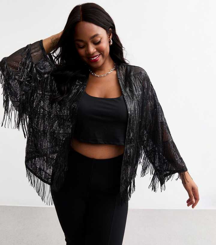 Curves Black Sequinned Fringe Open Front Cardigan