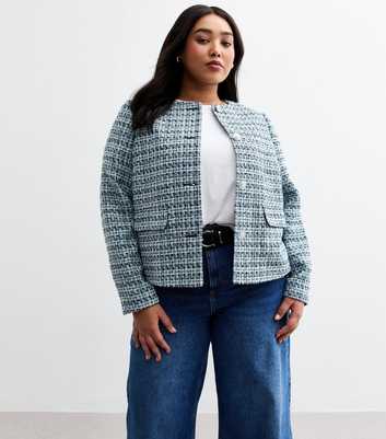 Curves Blue Bouclé Crew Neck Jacket