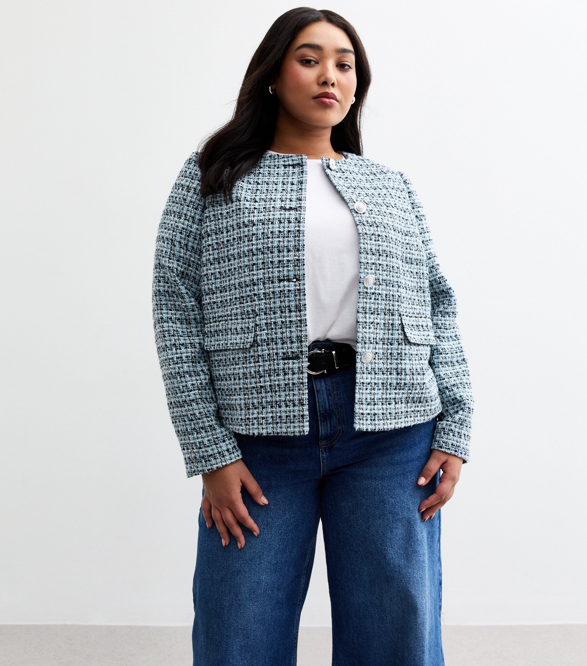 Women's Plus Size Blue Bouclé Crew Neck Jacket Curves New Look