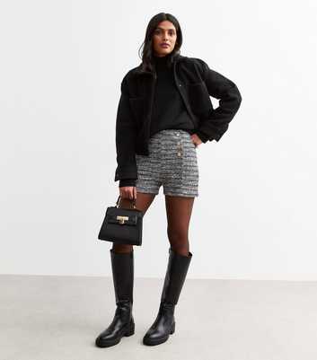 Black Bouclé Button Detail Shorts