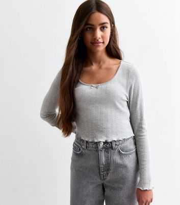 Girls Grey Pointelle Long Sleeve Top New Look