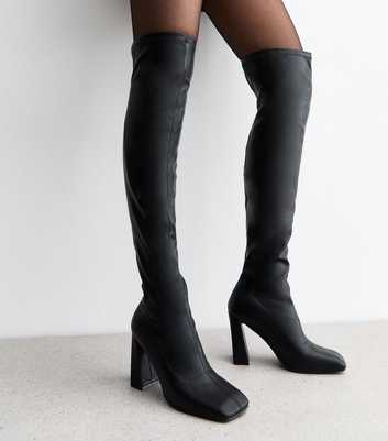 Public Desire Black Showoff Faux Leather Over The Knee Boots