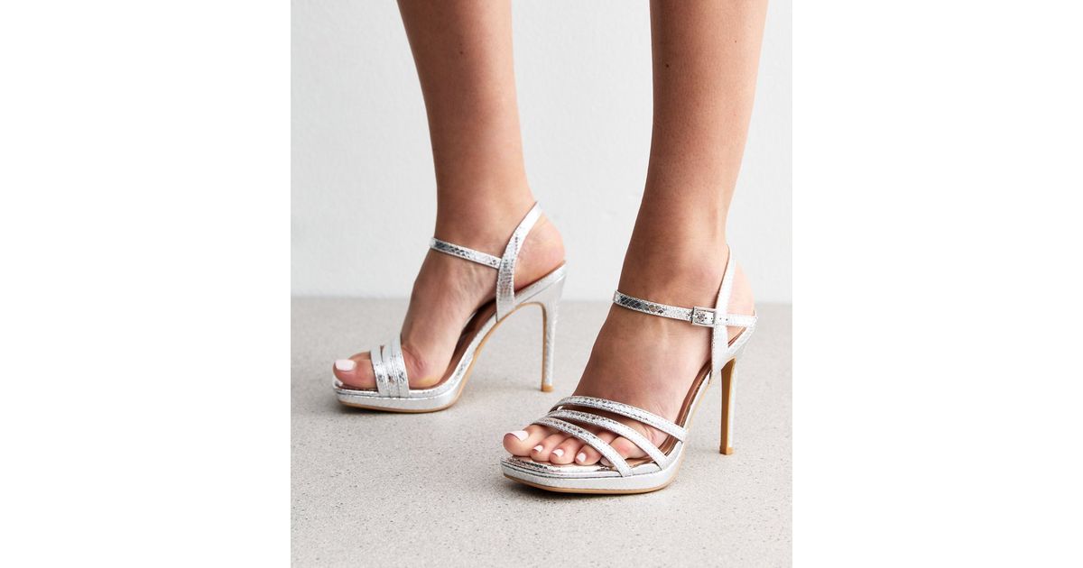 Wide Fit Silver Faux Snakeskin Platform Sandals New Look