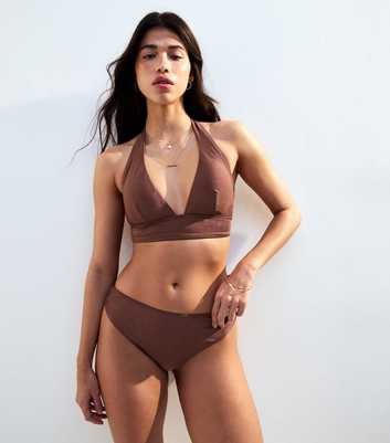 Mix and Match Brown Ruched Side High Leg Bikini Bottoms