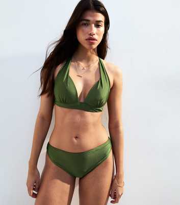 Mix and Match Khaki Ruched Side High Leg Bikini Bottoms