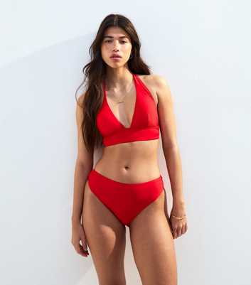 Red Ruched Side High Leg Bikini Bottoms