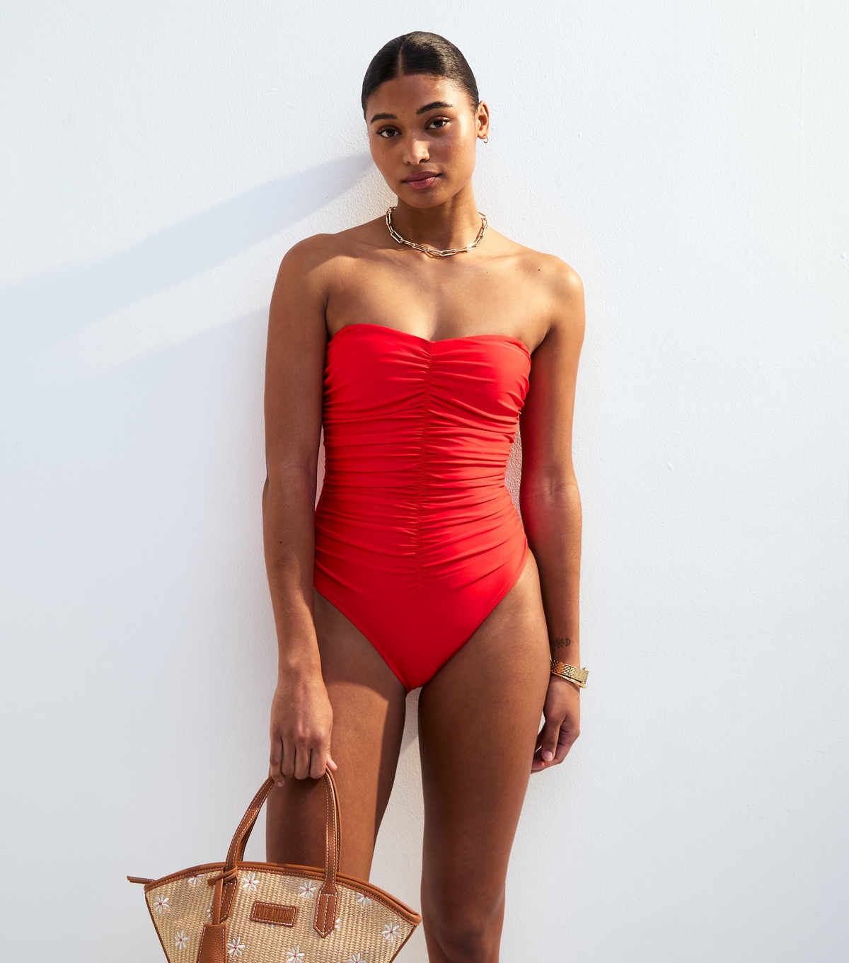 Women's Red Ruched Front Swimsuit New Look