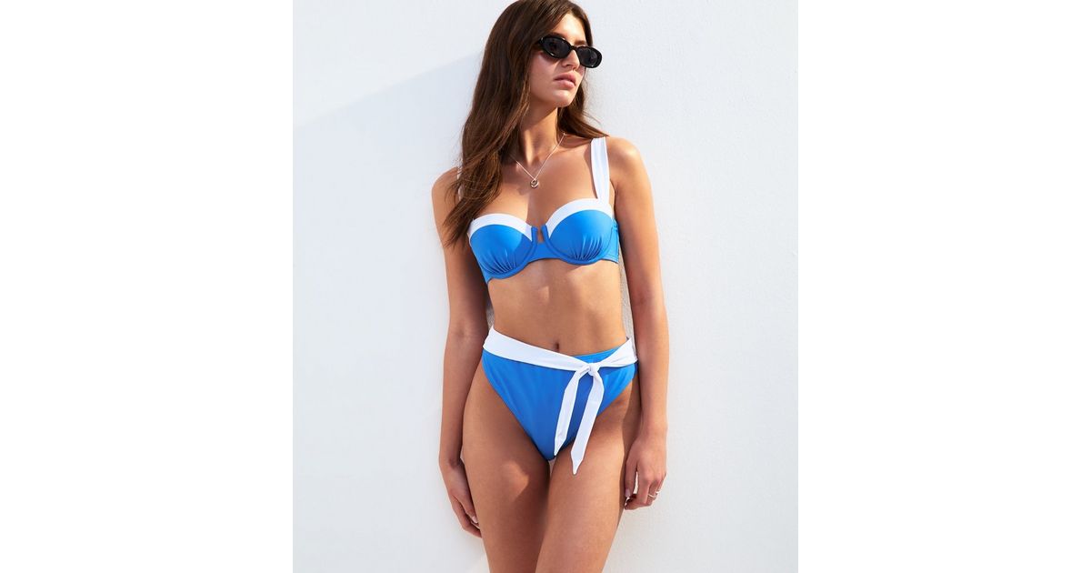 Blue Contrast Trim High Waisted Bikini Bottoms New Look
