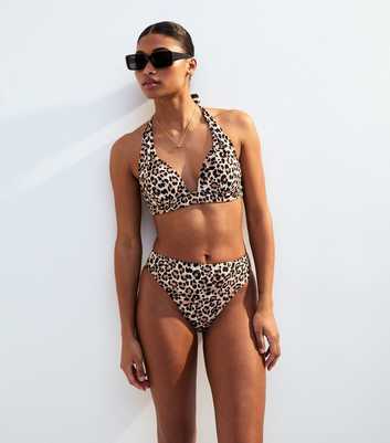 Brown Lift & Shape Leopard Print Halterneck Bikini Top