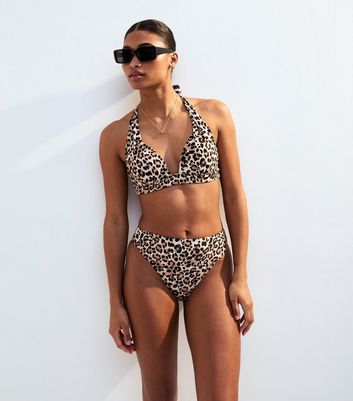 Brown Lift Shape Leopard Print Halterneck Bikini Top