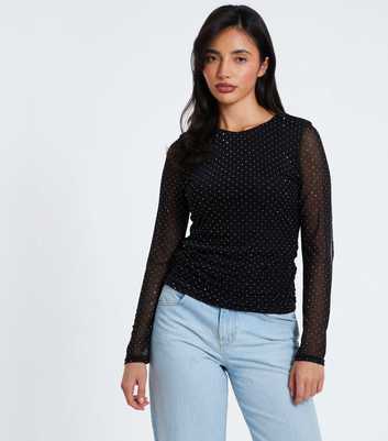 QUIZ Black Crystal Mesh Top