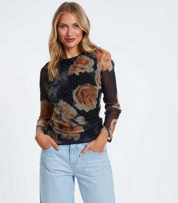 QUIZ Black Mesh Floral Top 