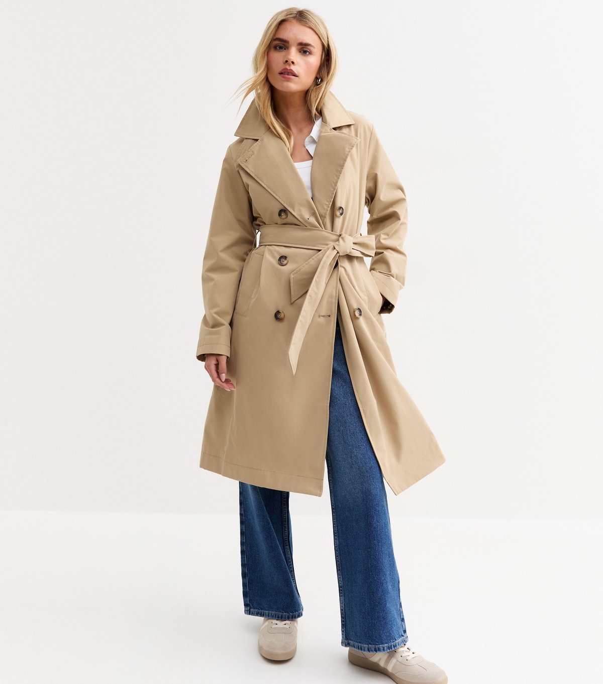 Women's Petite Stone Double Breasted Belted Trench Coat New Look