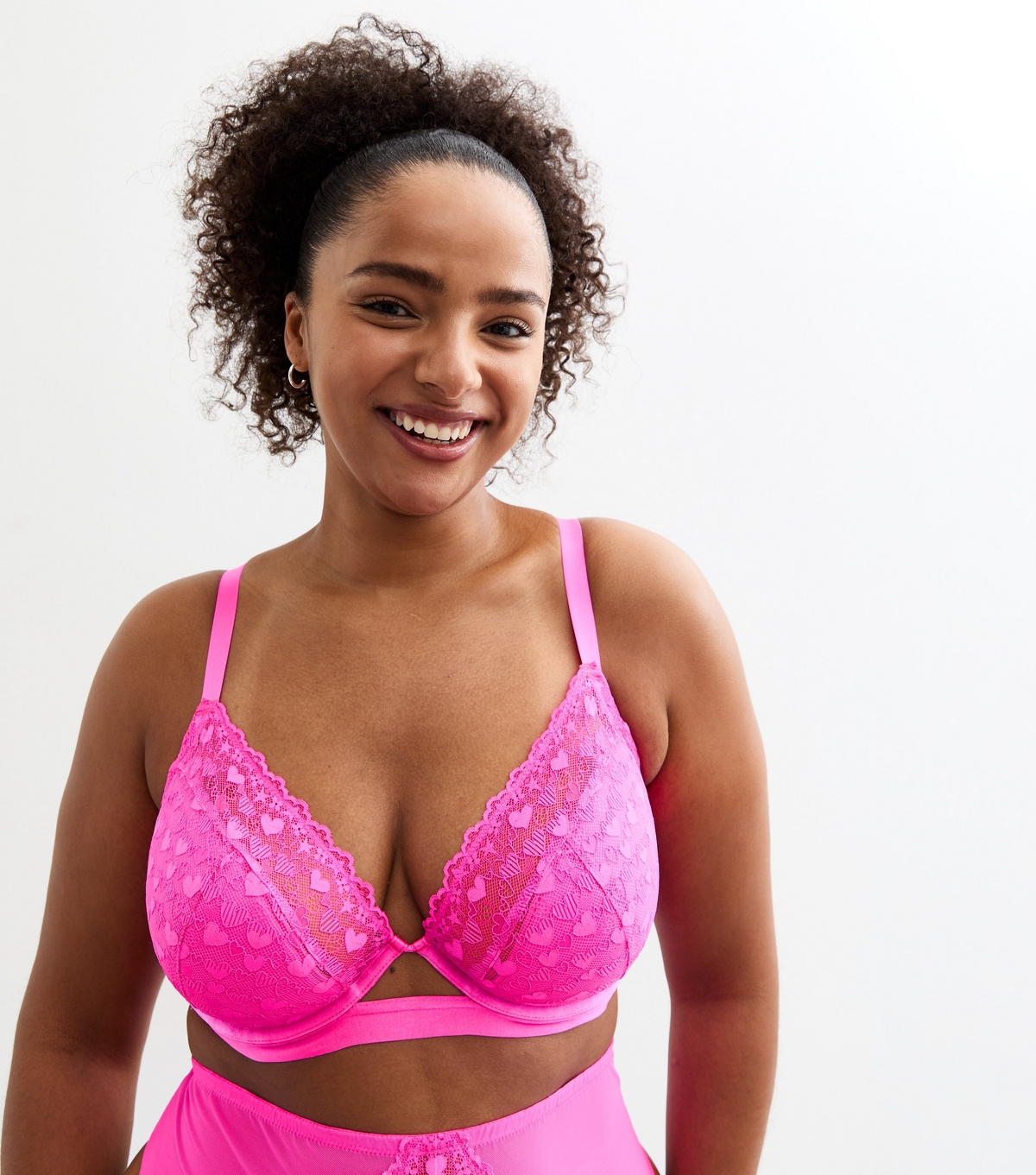 Women's Plus Size Pink Heart Lace Demi Padded Bra Curves New Look