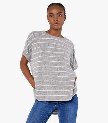 Apricot Grey Button Shoulder Striped Top