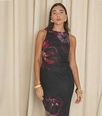 WKNDGIRL Black Mesh Floral Midi Dress