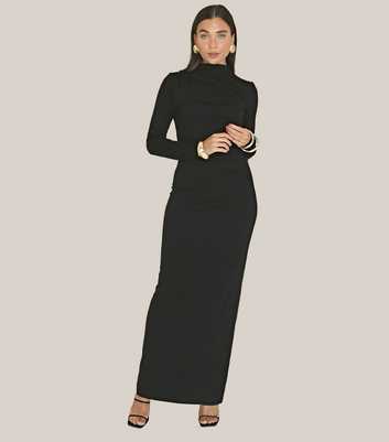 WKNDGIRL Black High Neck Ruched Maxi Dress