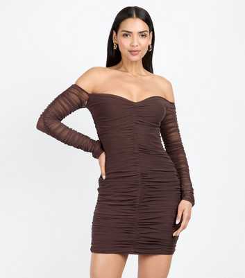 Little Mistress by Chloe Lewis Brown Ruched Mesh Bardot Mini Dress