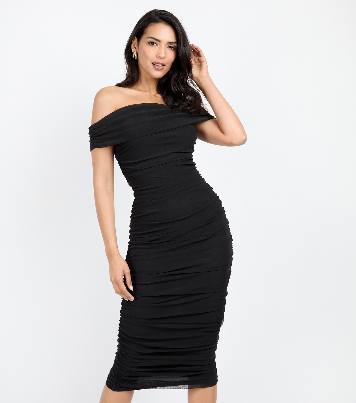 Women's Black Mesh Ruched Bardot Midi Dress Little Mistress New Look