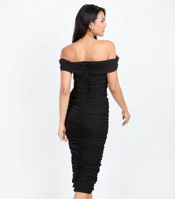 Plus white mesh ruched bardot midi dress hotsell