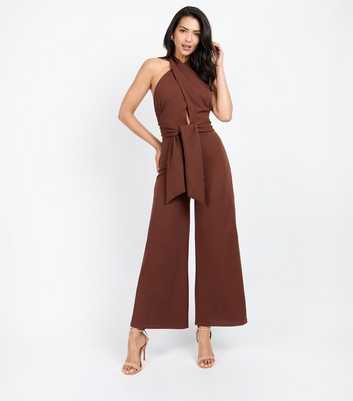 Little Mistress by Chloe Lewis Brown Halter Bow Detail Jumpsuit