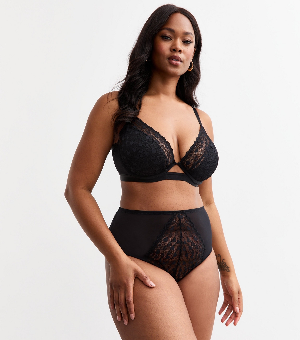 Women's Plus Size Black Heart Lace High Waisted Briefs Curves New Look