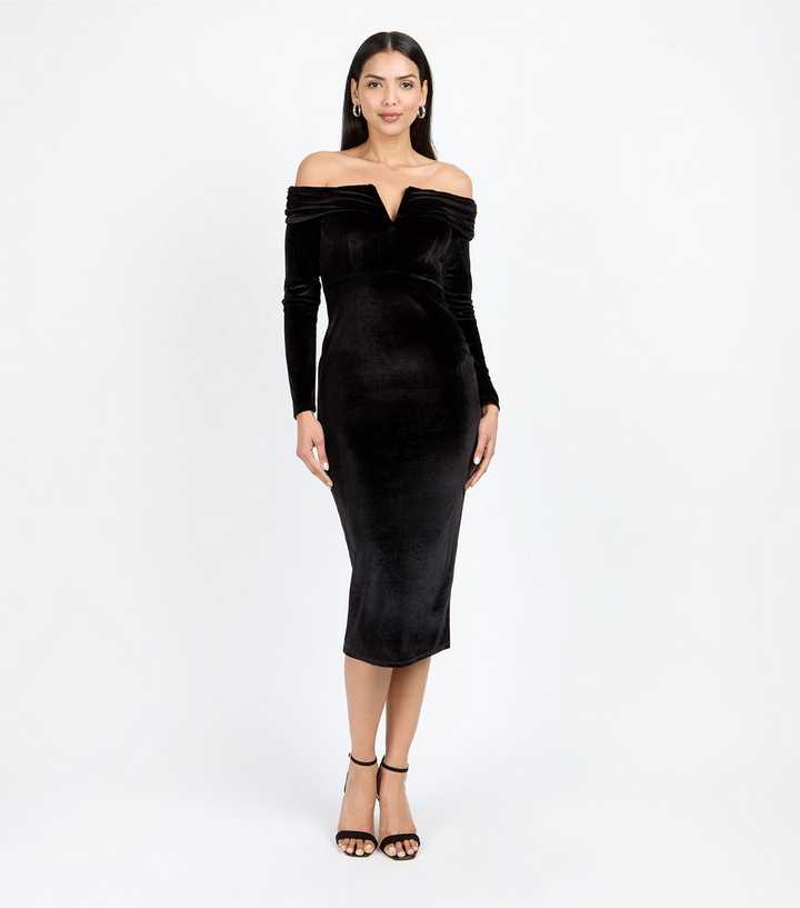 knee length dresses for ladies Black Velour Cap Sleeve Crossover Top Bardot Wiggle Dress  Pretty Kitty  Fashion