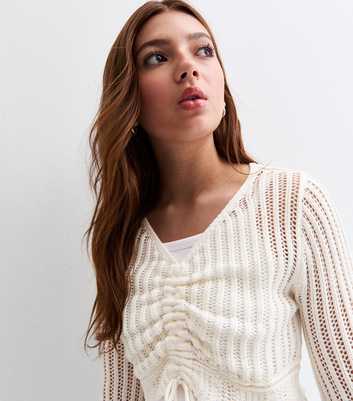 Girls Cream Ruched Front Open Knit Cropped Jumper