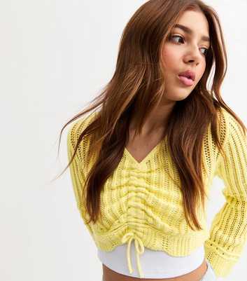 Girls Mustard Yellow Ruched Front Open Knit Cropped Jumper