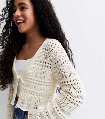 Girls Cream Tie Front Crochet Cardigan