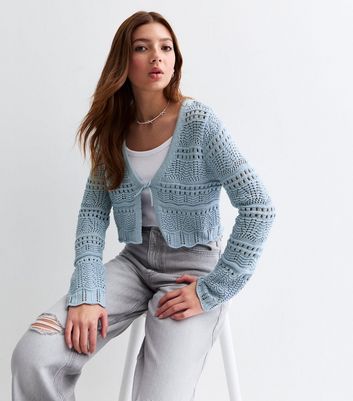 Girls Blue Tie Front Crochet Cardigan New Look