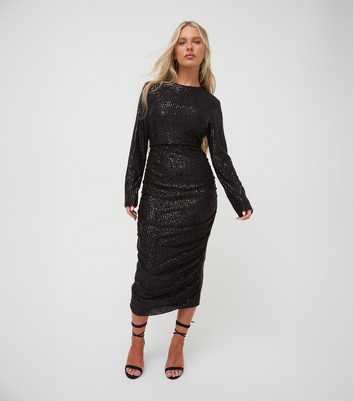 WKNDGIRL Black Sequin Ruched Midi Dress