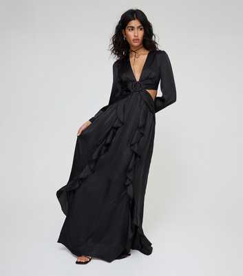 WKNDGIRL Black Satin Ruffle Maxi Dress