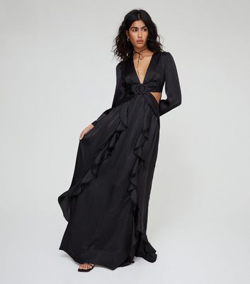 WKNDGIRL Black Satin Ruffle Maxi Dress New Look