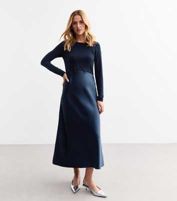 Navy 2-in-1 Bias Cut Satin Midi Dress