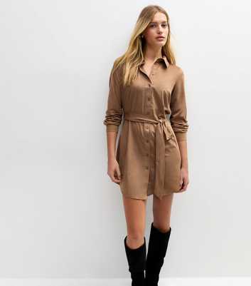 Camel Faux Suede Mini Shirt Dress