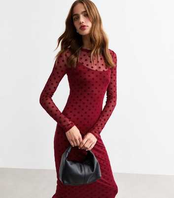 Burgundy Flocked Polka Dot Long Sleeve Mesh Midi Dress