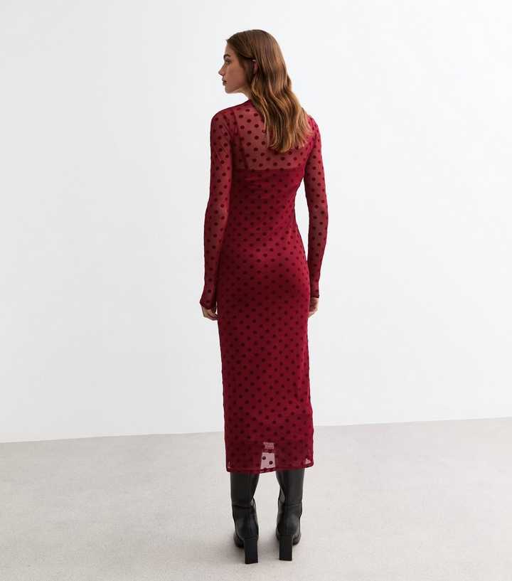 Burgundy Flocked Polka Dot Long Sleeve Mesh Midi Dress | New Look